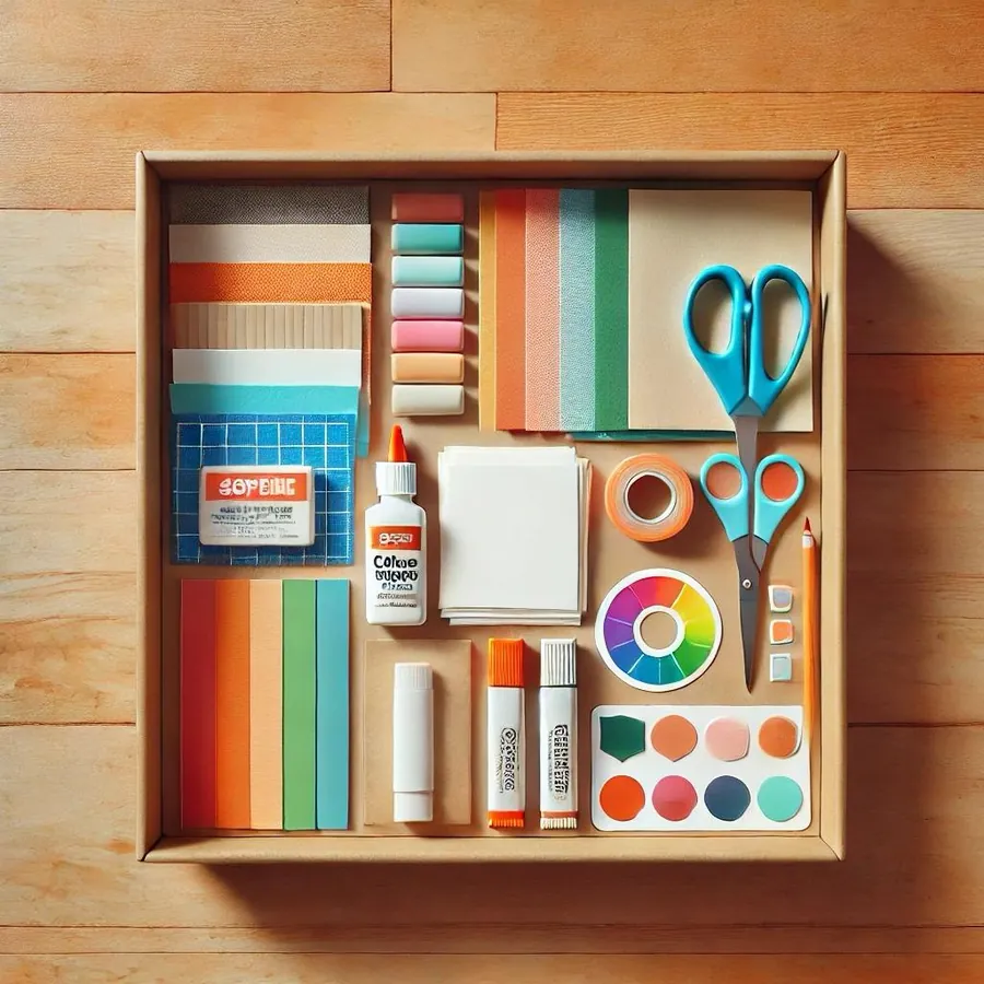 Caixa vista de cima, organizada com papéis coloridos, tesouras, cola e círculo cromático.