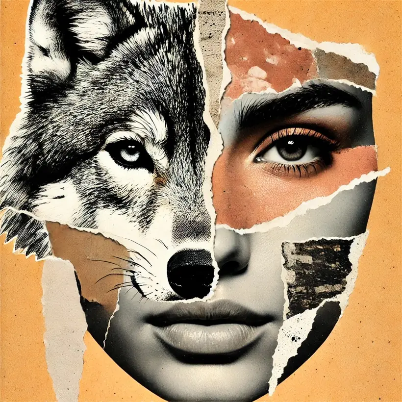 Colagem de papel rasgado unindo metade do rosto de uma loba e metade de um rosto de mulher.