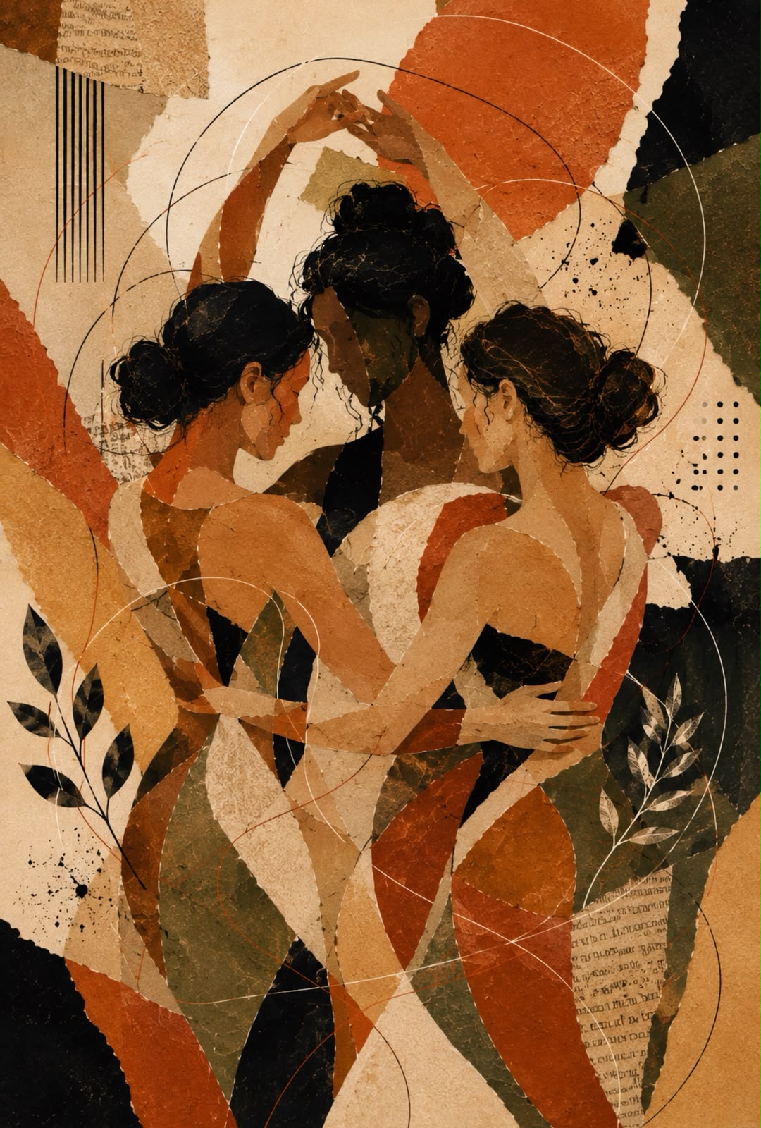 Ilustração em colagem de uma figura em tons de terracota e verde-oliva.
